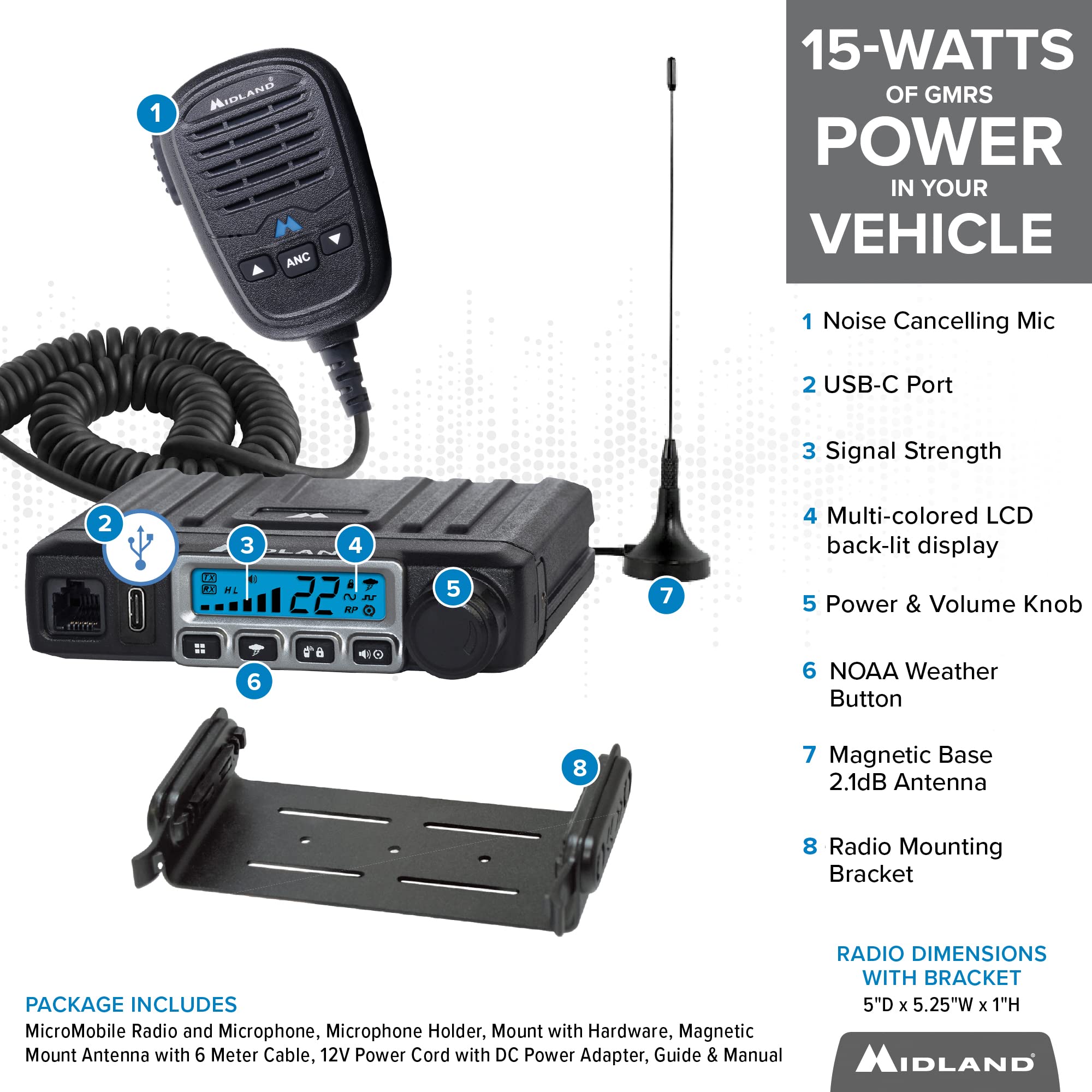 Midland � Mxt115   15 Watt Gmrs Micromobile Two Way Trails Radio   Off Roading Outdoor Rzr Farm   8 Repeater Channels Extended Range   External Magnetic Mount Antenna   Noaa Weather Alerts
